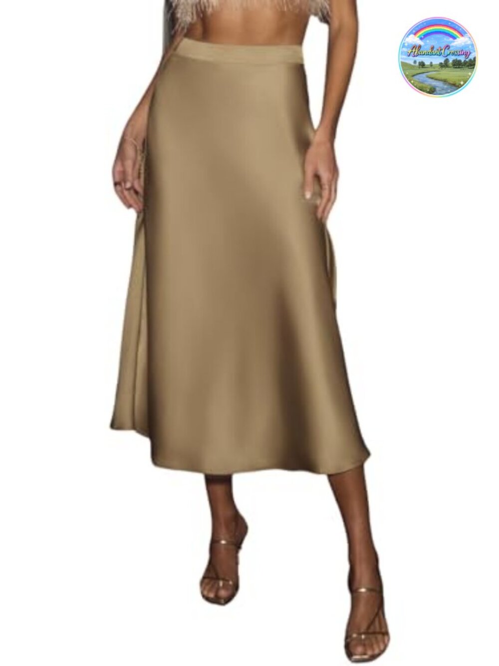 Satin A-Line Midi Skirt High Waist Hidden Side Zip Flowy